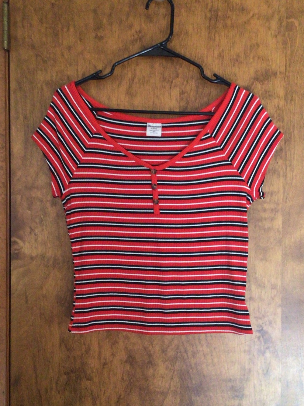 No Boundaries Red Black White Striped Crop Top